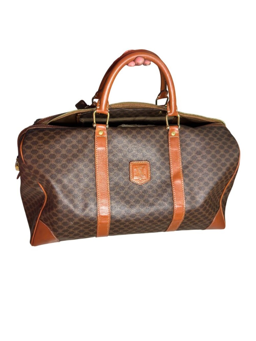 Vintage CELINE Macadam Canvas Boston Duffle Travel Bag Brown Lock Key Clochette